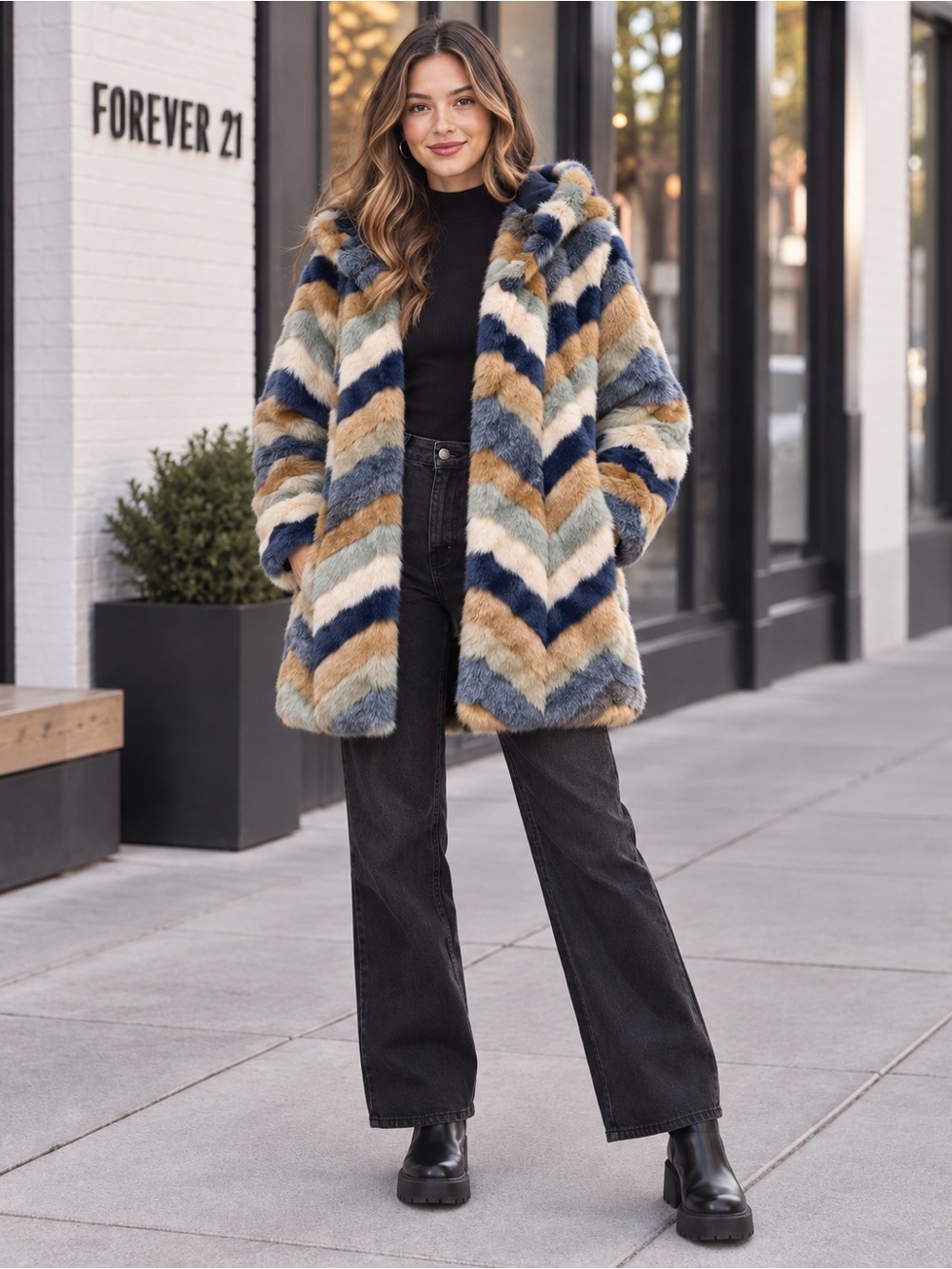 Forever 21 Multicolor Chevron Faux Fur Hooded Coat Size M